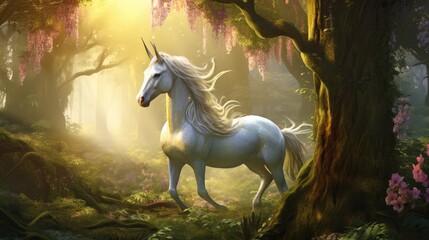 Obraz na płótnie Canvas a white unicorn standing in the middle of a forest next to a tree with pink flowers on it's head. generative ai