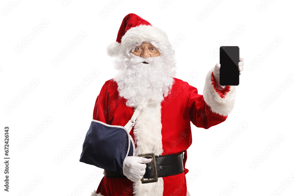 Canvas Prints Santa Claus with an arm injury wearing a sling and holding smartphone