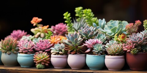 Many colored succulents in pots close-up. Gardening. Generative AI