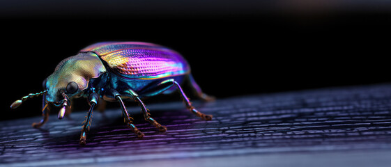 Banner with Ethereal Iridescent Beetle on a Mystical Journey