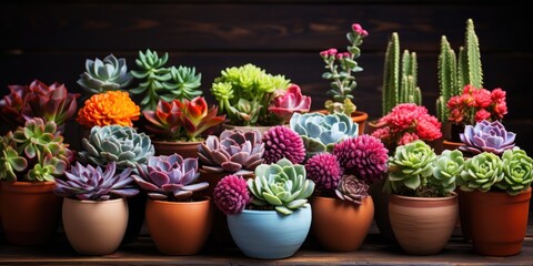 Fototapeta na wymiar Many colored succulents in pots close-up. Gardening. Generative AI
