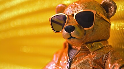 A toy stuffed brown bear wearing a shiny fabric jacket and sunglasses against a gold colored wall. Illustration for cover, card, postcard, interior design, banner, poster, brochure or presentation. - obrazy, fototapety, plakaty