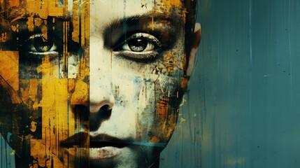 An image of a young woman's face in a grunge style. Face defragmented. Psychology and identity concept. Illustration for cover, card, postcard, interior design, decor or print.