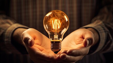 A warm glowing light bulb floats in the open folded palms of a man. Success, leadership, achievement, idea and concept of purpose. Technological illustration for banner, poster, cover, brochure, etc. - obrazy, fototapety, plakaty