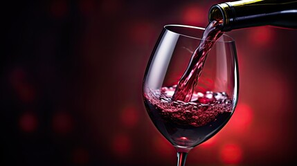 A dynamic image showing red wine being poured into a glass from a bottle. Assessing the quality of wine at a winery or drinking wine. Design for cover, interior design, poster, brochure, advertising. - obrazy, fototapety, plakaty
