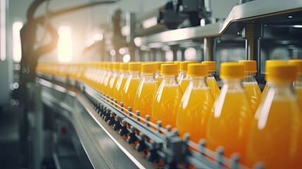 Automatic line for packing juices into glass or plastic containers.  Beverage production. Bottling plant. Bottles on a factory conveyor belt. Illustration for cover, banner, brochure or presentation.