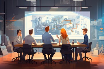 Group of engineers discussing plans in conference room with a projector.