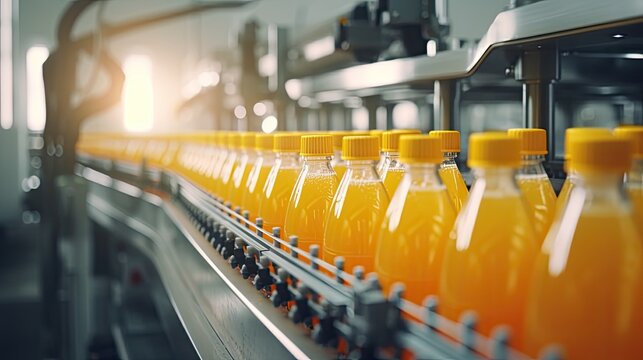 Automatic Line For Packing Juices Into Glass Or Plastic Containers.  Beverage Production. Bottling Plant. Bottles On A Factory Conveyor Belt. Illustration For Cover, Banner, Brochure Or Presentation.