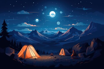 Illustration of campsite of trekkers under a starry sky. Nighttime mountainous backdrop with tents.