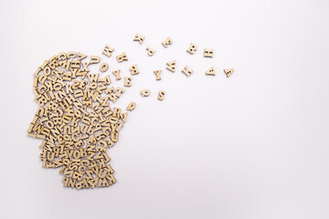 Human head made from wood letters on white background. World philosophy day 17 November..