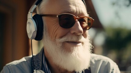 AI generated illustration of an elderly man with a white beard, a pair of headphones and sunglasses