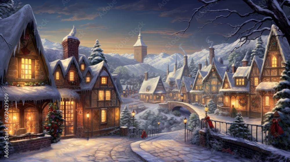 Poster a painting of a snowy village with a bridge and a person standing in front of a lit up christmas tre