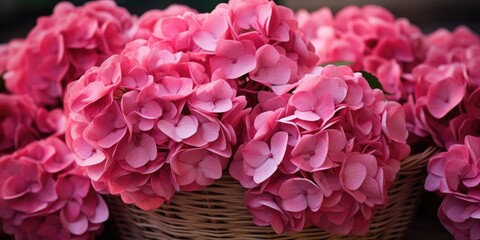 Romantic close-up photo of pink hydrangeas in a wicker basket. Generative AI