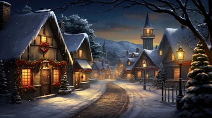  a night scene of a snowy village with a church and a church steeple lit up at the end of the street.  generative ai