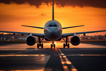 Passenger airplane taking off the runway in sunset light, ai generated