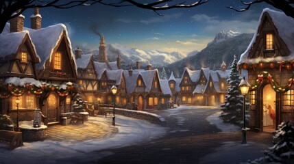  a painting of a snowy village with a lit up christmas tree and a lit up clock on the front of the building.  generative ai