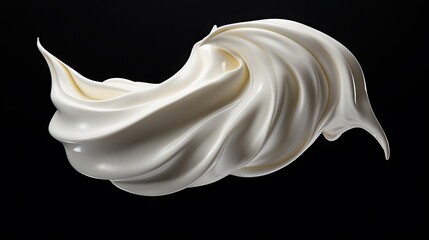  a close up of a whipped cream swirl on a black background with a drop of liquid coming out of the top of the whipped cream.  generative ai