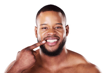Smile, teeth and portrait of black man with dental hygiene, health or wellness for morning routine. Happy, oral care and African male model with mouth treatment isolated by transparent png background