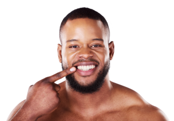 Smile, teeth and portrait of black man with dental hygiene, health or wellness for morning routine. Happy, oral care and African male model with mouth treatment isolated by transparent png background