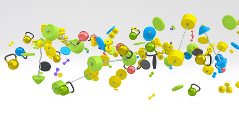 Flying and folling sport equipment like kettlebell barbell and dumbbell on white