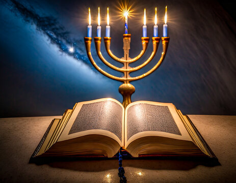 Happy Hanukkah with a glowing menorah at night next to a Torah scroll and a Bible, open Torah in the candlelight of the menorah