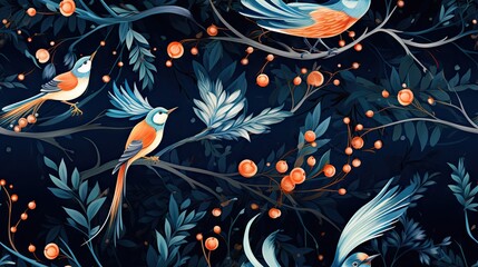  a painting of two birds sitting on a tree branch with berries and leaves on a dark blue background with orange berries.  generative ai