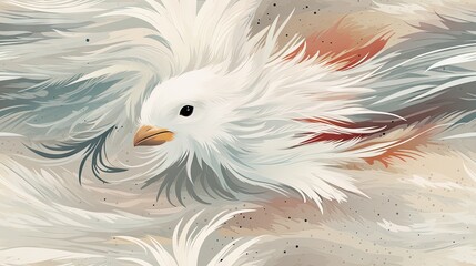  a close up of a white bird with feathers on it's back and a red and white bird on it's back.  generative ai