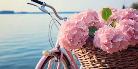 Foto auf Acrylglas A romantic photo of hydrangeas in a wicker bicycle basket on the ocean. Generative AI © 22_monkeyzzz