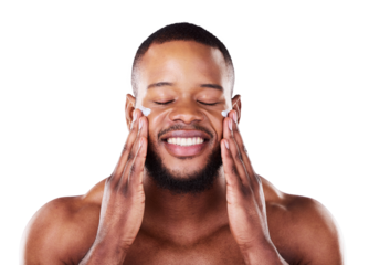 Beauty, skincare and cream on face, black man and isolated on transparent png background. Facial, self care or dermatology with person for lotion, wellness or health for cosmetics, treatment or fresh