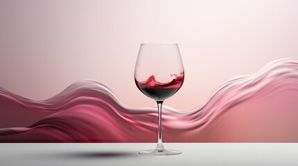  a glass of red wine sitting on top of a table next to a wave of pink and white paint on the wall.  generative ai - obrazy, fototapety, plakaty
