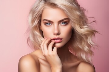 Naklejka premium Blonde woman gaining confidence with beauty products.