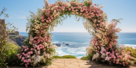 Beautiful flower arch on the ocean shore. Romantic photo. Generative AI