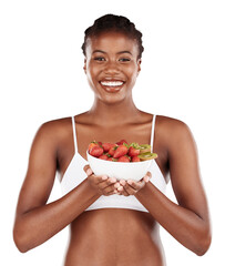 Health, portrait and black woman with fruit, salad or healthy breakfast bowl on isolated,...