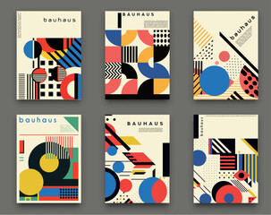 Retro geometric posters.  Cover templates with abstract geometry. Bauhaus architecture minimal forms, shapes, , lines and design vector set. Journal, album or magazine creative art cover