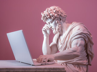 Ancient Greek sculpture of a man with laptop - obrazy, fototapety, plakaty