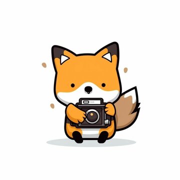 Illustration of an adorable red fox holding a camera isolated on a white background