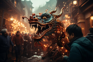 Obraz premium Chinese people are celebrating the New Year with fireworks and dragon dances. AI Generative