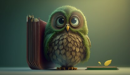 Beautiful photo cute green owl with book Ai generated art