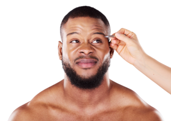 Man, beauty and grooming with tweezers for eyebrows, face and epilation. African person, model and uncertain expression with treatment, removal and hair on isolated or a transparent png background
