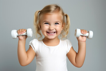 laughing little girl in a white T-shirt with dumbbells on a simple gray background - Powered by Adobe