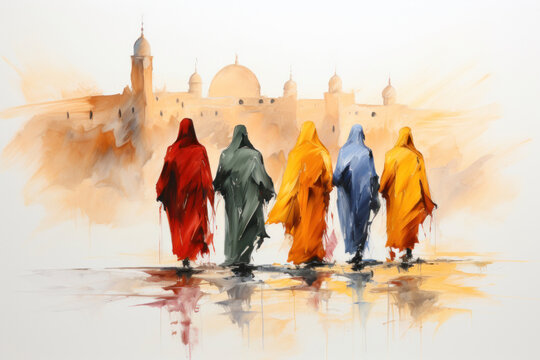 group of Muslim women in traditional clothes going to the ancient town, watercolor painting