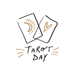 Tarot logo or label, magic cards reader, hand-drawn sketch brush simple minimal print for magical esoteric souvenirs. Witchy female hand drawn magic love fortune spell occultism concept.