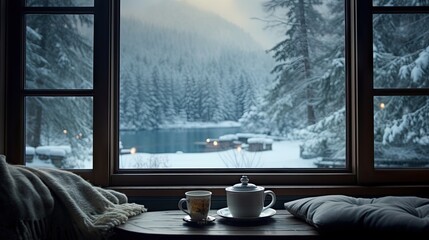  a cup of coffee sits on a table in front of a window with a view of a snow covered mountain.  generative ai