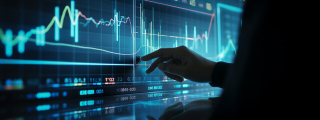 Businessman Analyses Financial Data on Screen, Financial Graphs and Numbers