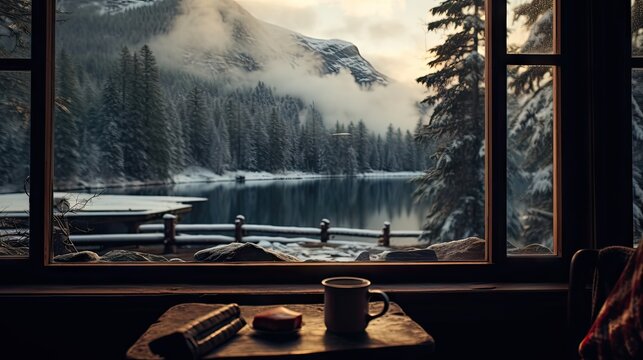 Fototapeta  a window with a view of a snowy mountain and a lake in the foreground, and a book on a table in the foreground.  generative ai