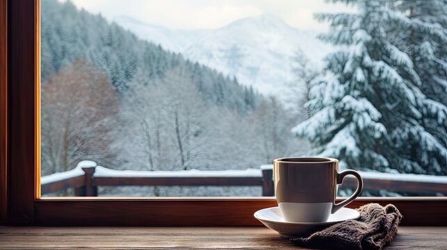  a cup of coffee on a saucer next to a window with a view of a snowy mountain and trees.  generative ai