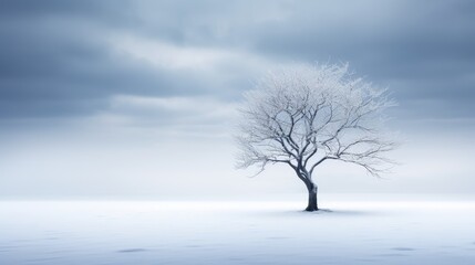  a lone tree stands alone in the middle of a snow - covered field with a dark sky in the background.  generative ai