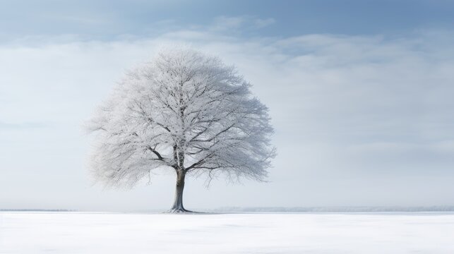  a lone tree stands in the middle of a snow - covered field with a blue sky in the back ground.  generative ai