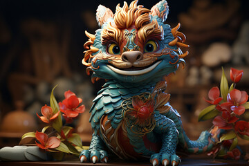 Chinese new year 2024 greeting cards, cartoon green dragon, blue and red, poster. AI Generative