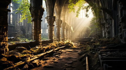 Nature's Sanctuary: Foggy Evening in an Old Birch Forest Inside a Church - obrazy, fototapety, plakaty